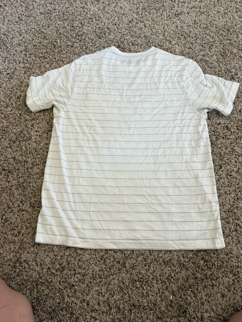 Free Fly Apparel White Short Sleeve Tee with Thin Blue Stripes and Chest Pocket